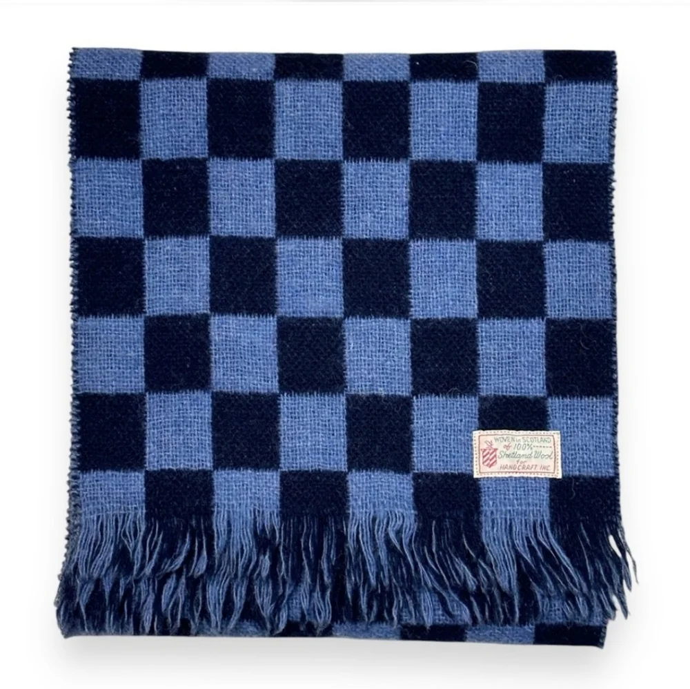 HANDCRAFT INC 100% Shetland Wool Long Scarf Tassels Blue Checkerboard Pattern